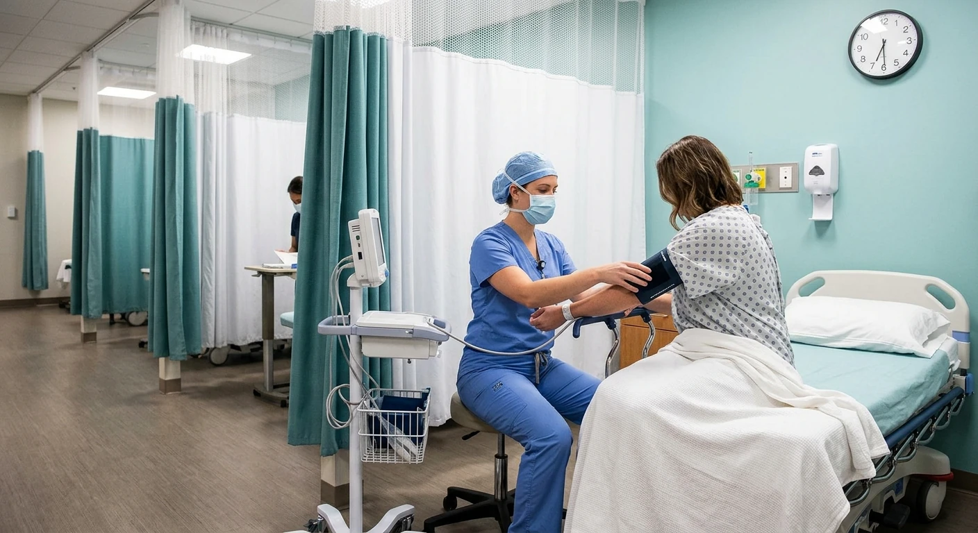 Patient In A Hospital Gown Seated In A Pre-Operative Bay While A Nurse Applies A Blood Pressure Cuff Before Acl Surgery